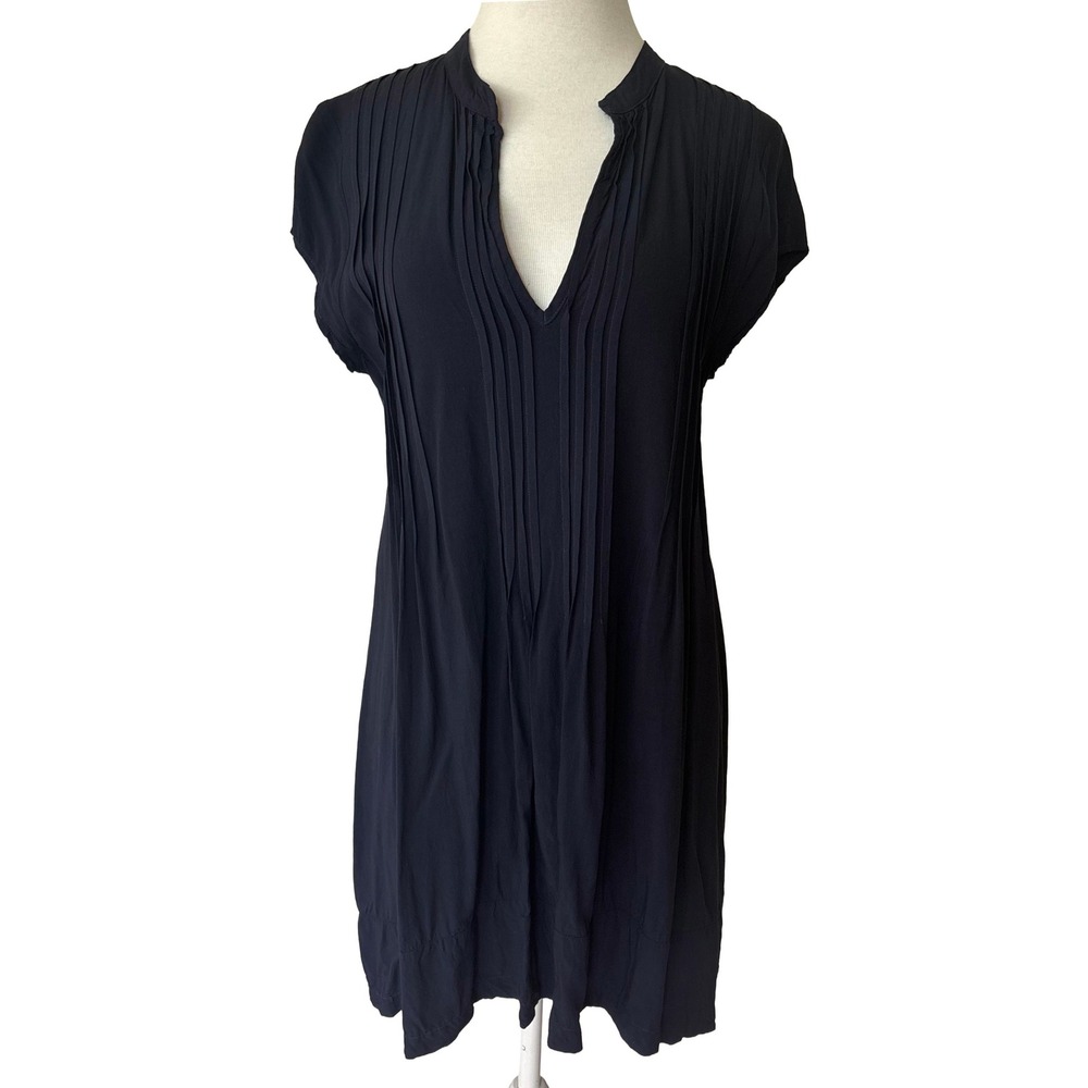 CP Shades Navy Blue Regina Pleated V-Neck Cap Sleeve Tunic Shift Dress Small